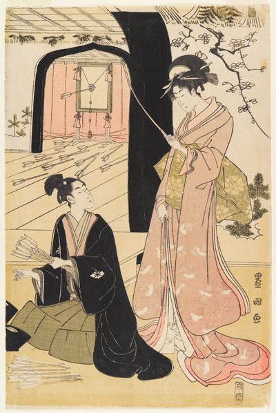 Young samurai and female attendants practising archery, half of a diptych by Utagawa Toyokuni